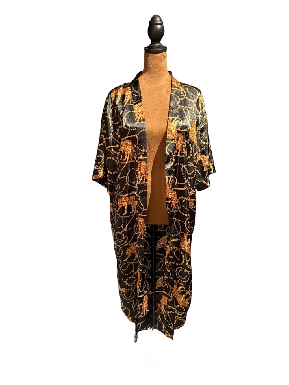 Emily Stacy Black and Gold Satin Kimono with Leopard and Chain Print